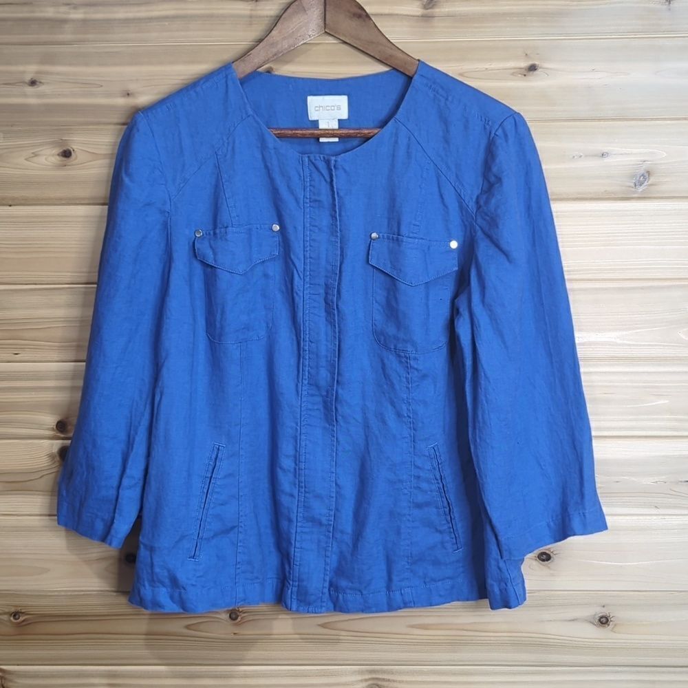 Chico's Womens Jacket Medium Blue 100% Linen Casual Jacket Front Zip Size 1